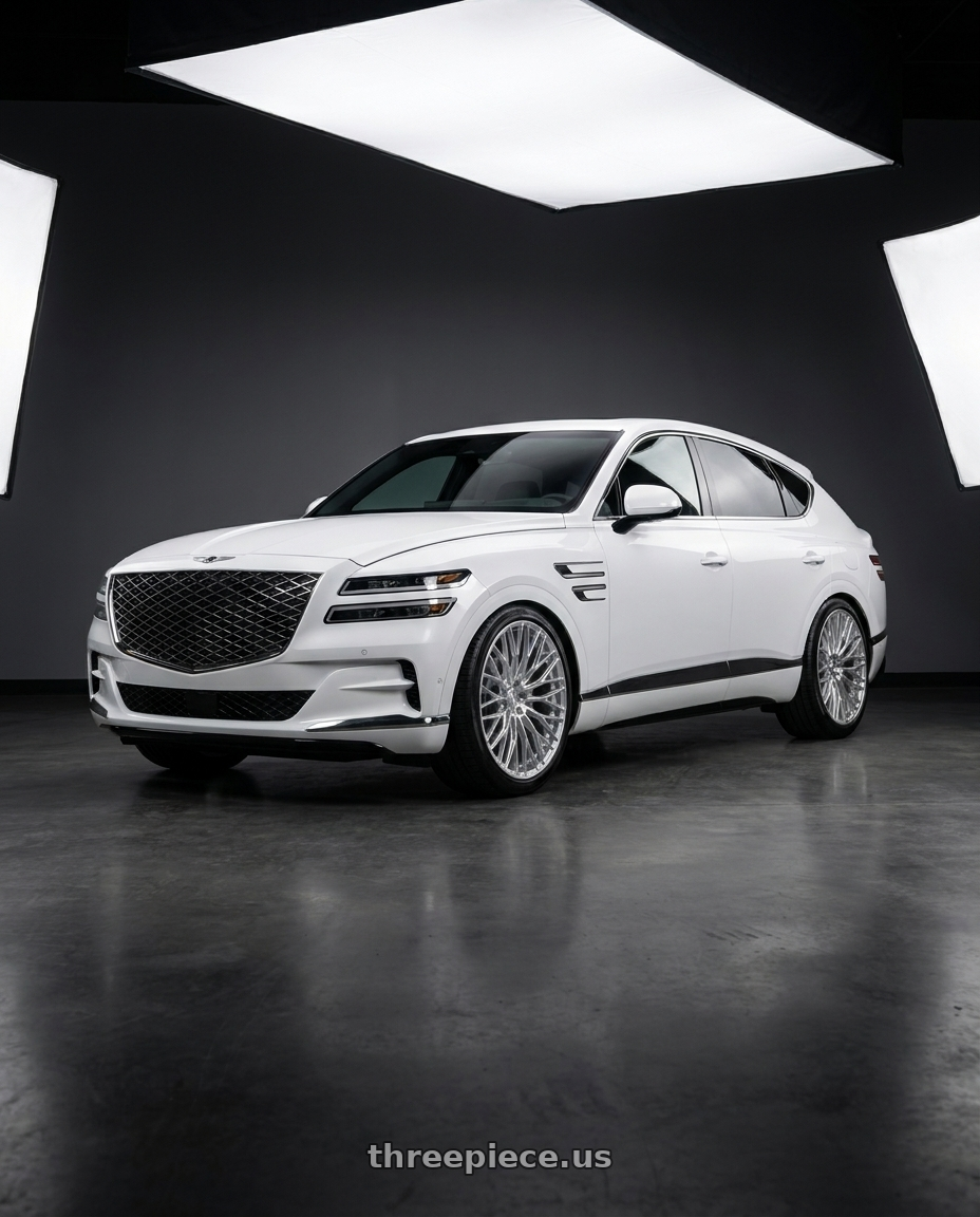 2027 Genesis GV80 with AL13 FR100 5x114.3 22x9 +30 Diamond Silver wheels front three quarter view lowered stance