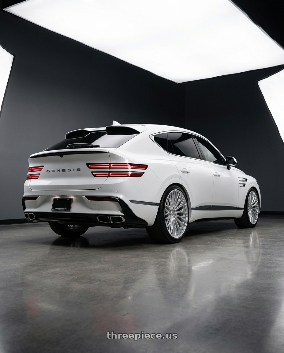 2027 Genesis GV80 with AL13 FR100 5x114.3 22x9 +30 Diamond Silver wheels rear three quarter view slight stretch tires