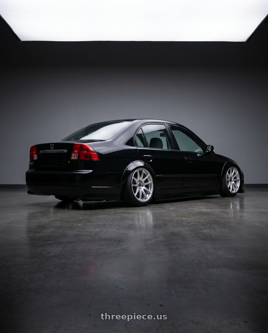 2002 Honda civic with Vors TR4 5x100 17x8  +35 Silver Machine Face wheels rear three quarter view slight stretch tires