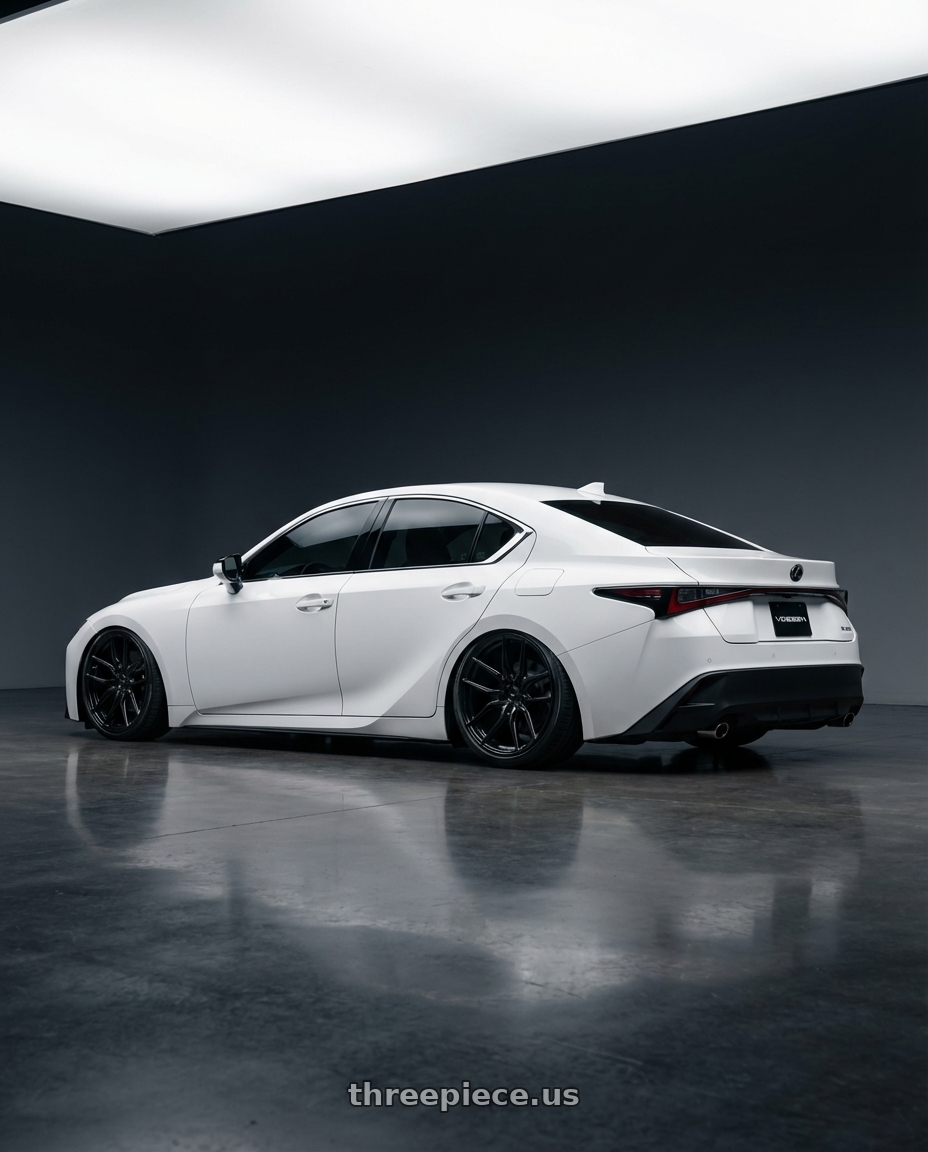 2024 Lexus IS 350 with Vossen HF-5 19x8.5 / 5x114.3 / ET32 / Flat Face / 73.1 - Gloss Black Wheel - HF5-9N60 wheels rear three quarter view slight stretch tires