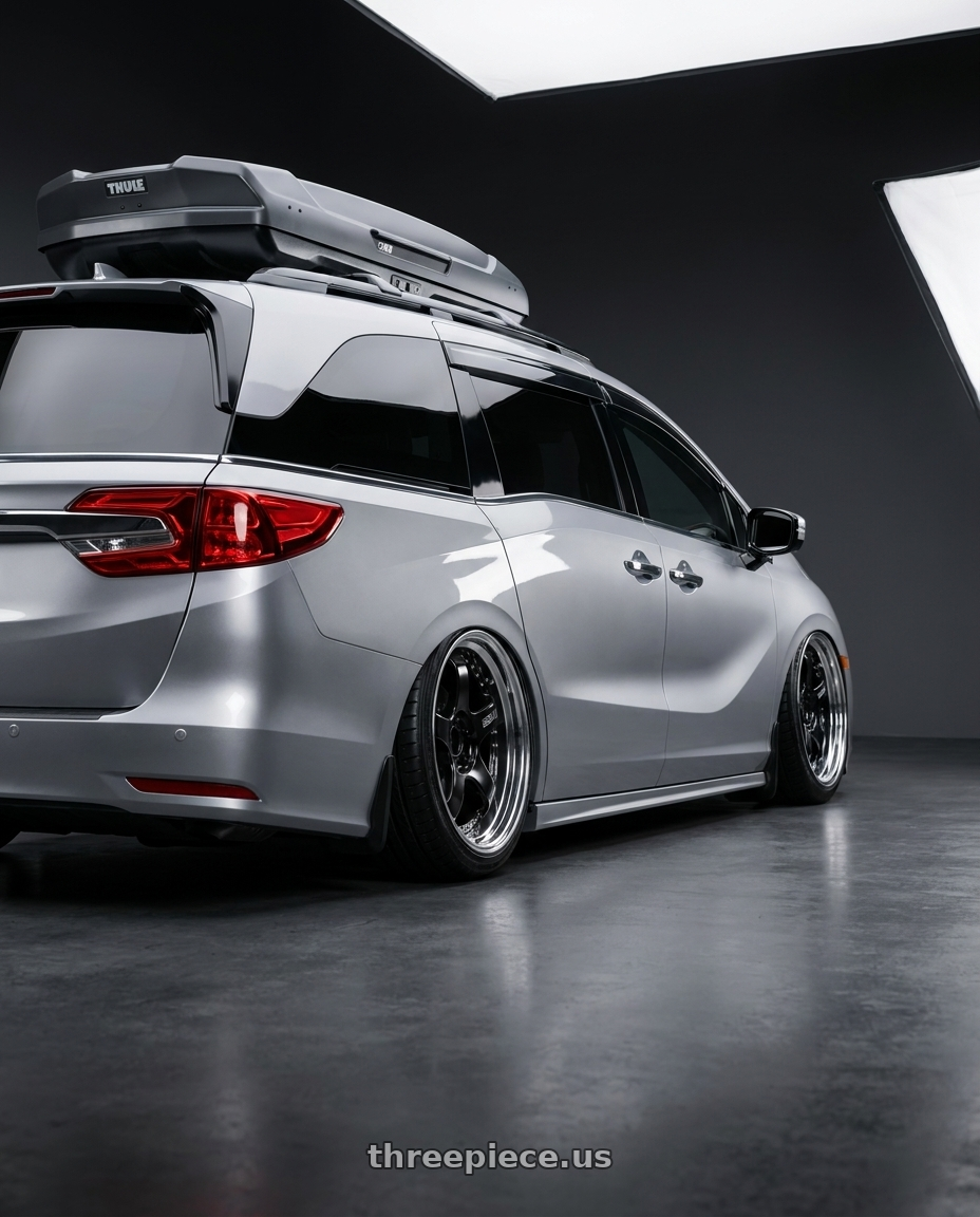 2024 Honda Odyssey with SSR Professor SP1 5x120 20X8+37 SL Disk Black wheels rear three quarter view extreme stretch tires