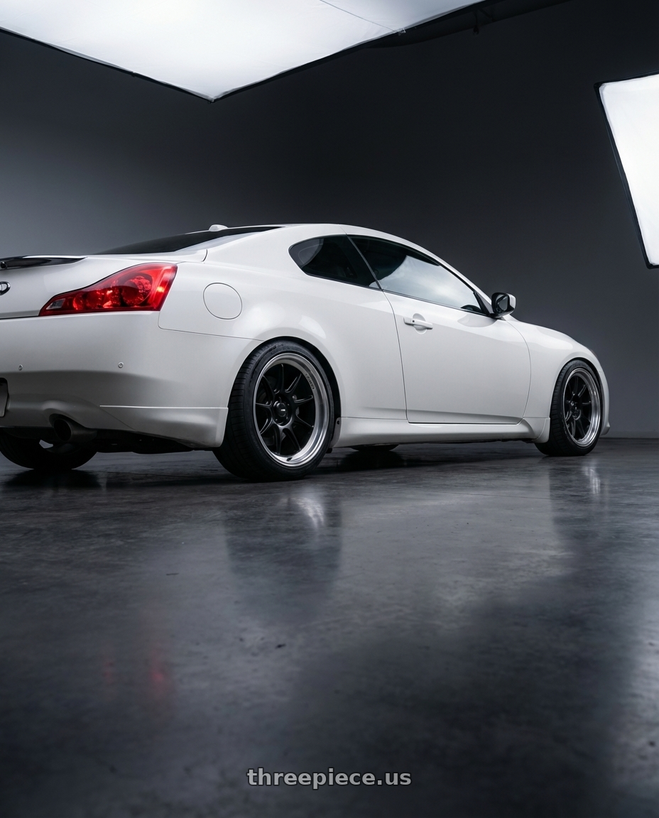 2014 Infiniti G37 Coupe with Konig Countergram 5x114.3 19x9.5+25 Matte Black / Matte Machined Lip wheels rear three quarter view square tires