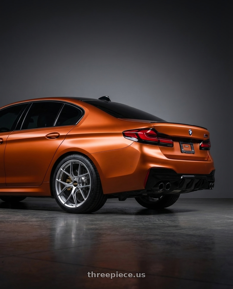 2021 bmw m5 competition orange with BBS FI-R 5x120 20x9.5 +22 Diamond Silver wheels rear three quarter view square tires