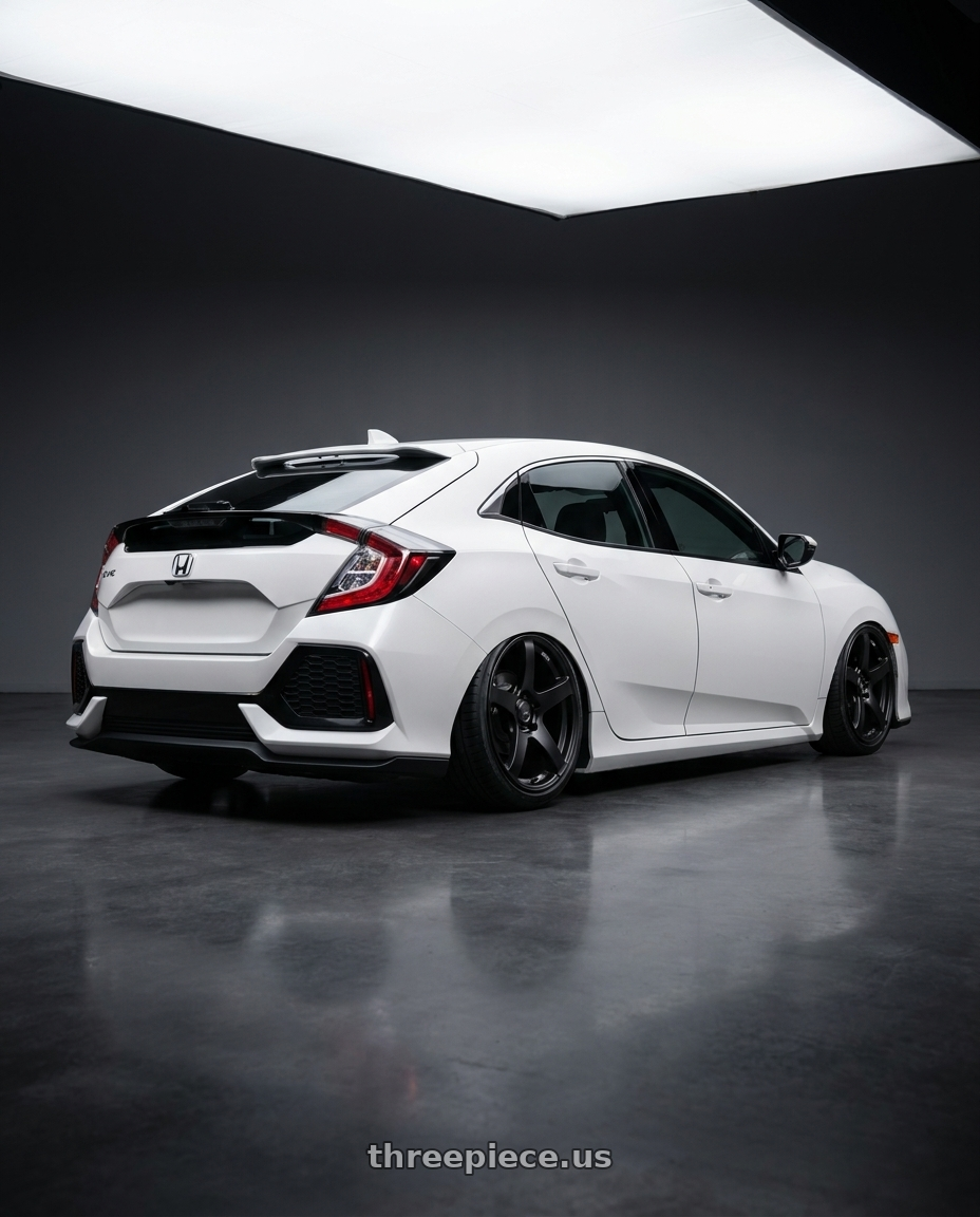 2019 Honda Civic with Ssr Gtv01 5x114.3 19x8.5+38  FLAT BLACK wheels rear three quarter view slight stretch tires