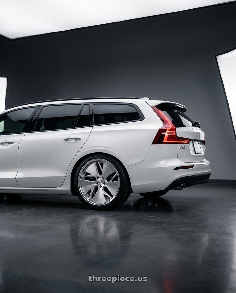 2020 Volvo V60 Momentum  with Work Gnosis Cvd 5x108 20x8+38 O Disk Brush Silver Clear wheels rear three quarter view square tires