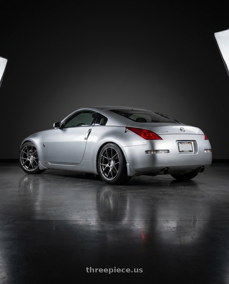 2003 Nissan 350Z with Aodhan AH-11 5x114.3 19x9.5 +35 Hyper Black wheels rear three quarter view square tires