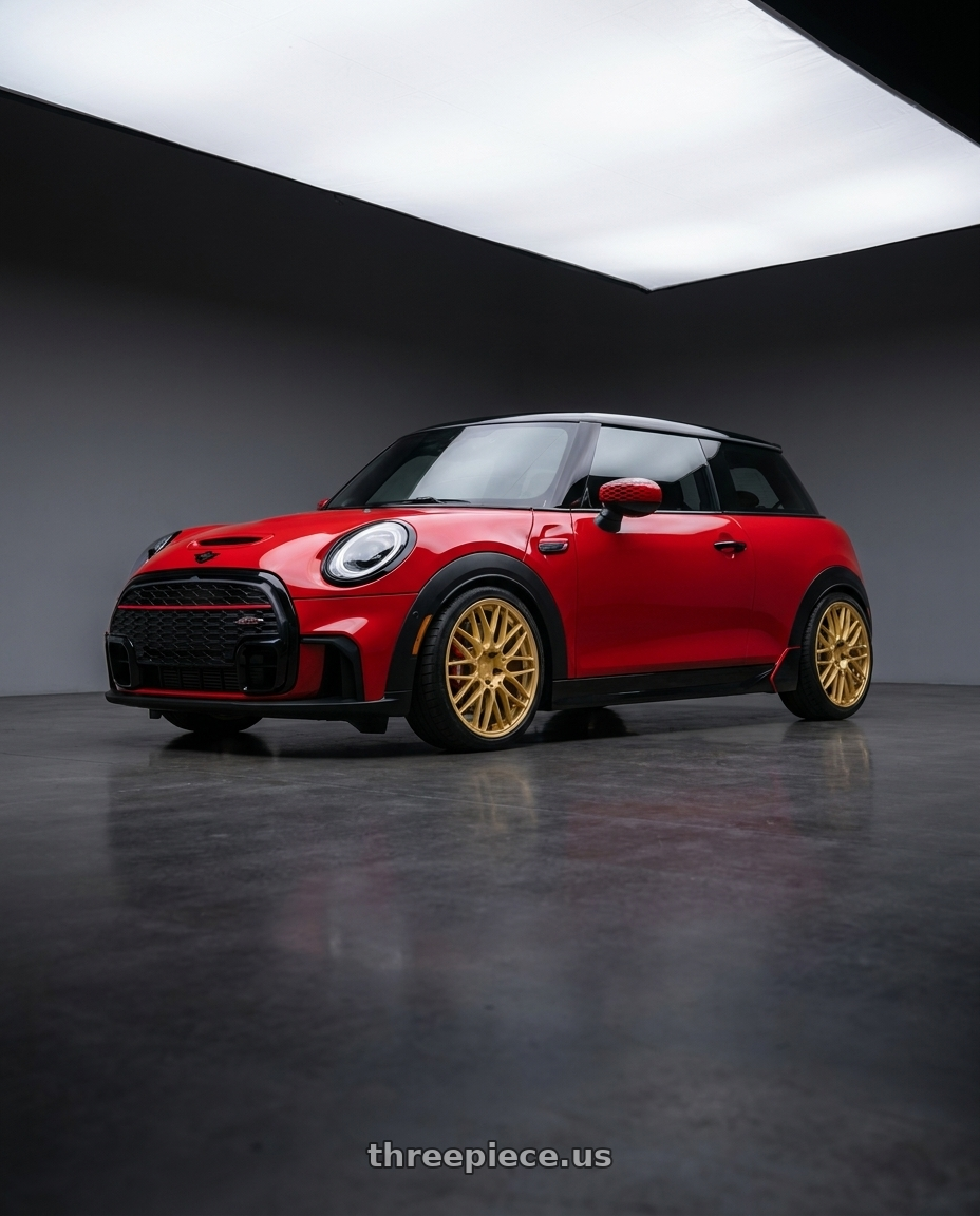 2025 mini jcw red with Motegi MR153 CM10 5X112 18X8.5 +45 RALLY GOLD wheels