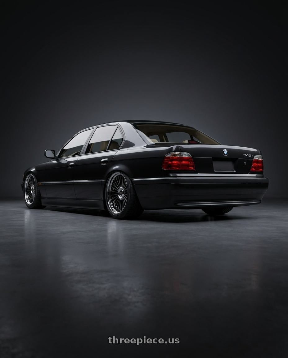 2000 BMW 740I with Work Emitz Black Polish 5x120 20x10.0 +18 wheels rear three quarter view slight stretch tires