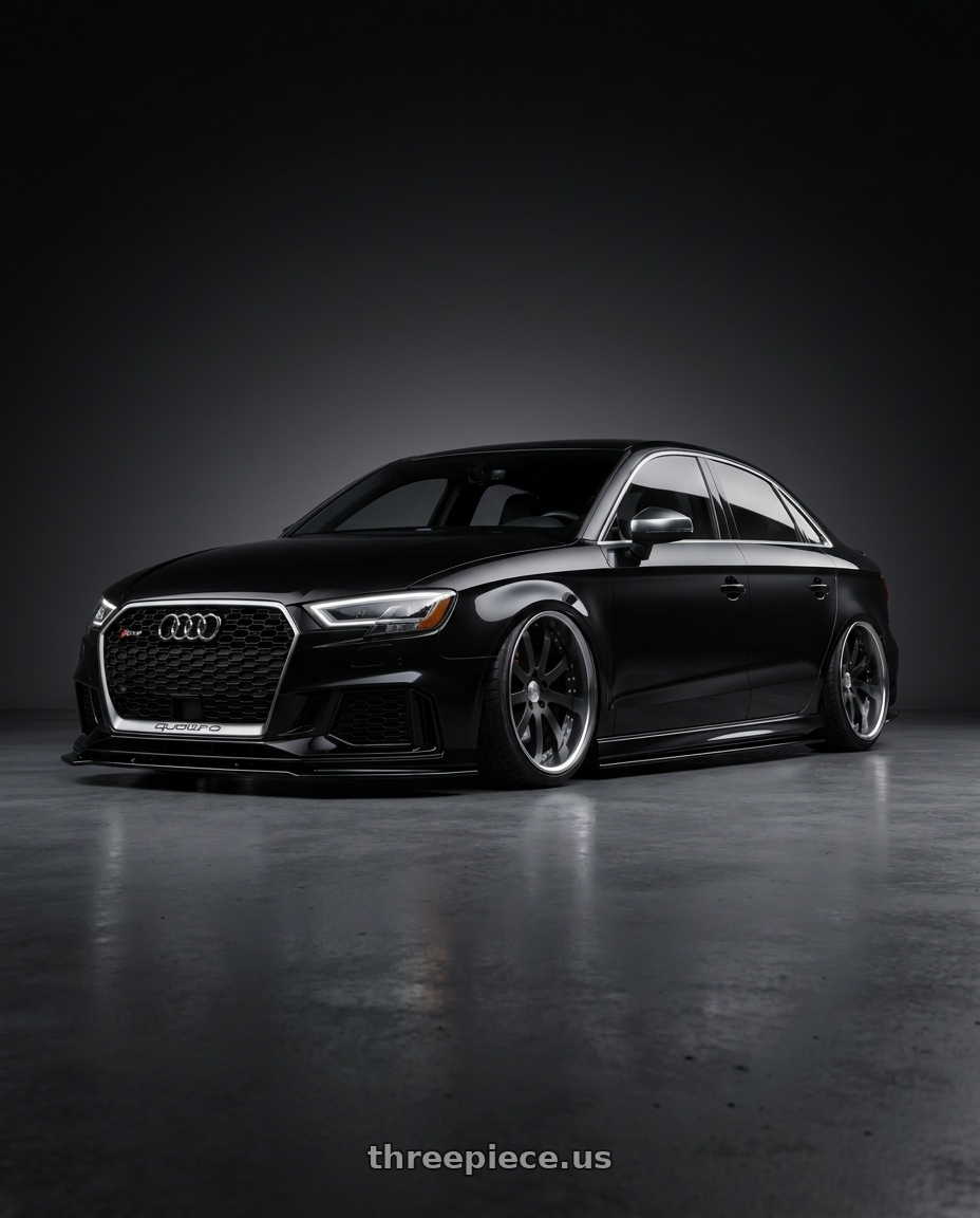 2017 Audi RS3 with Work Equip E10 5x112 20x11+29 r disk Black Anodized wheels front three quarter view stanced stance