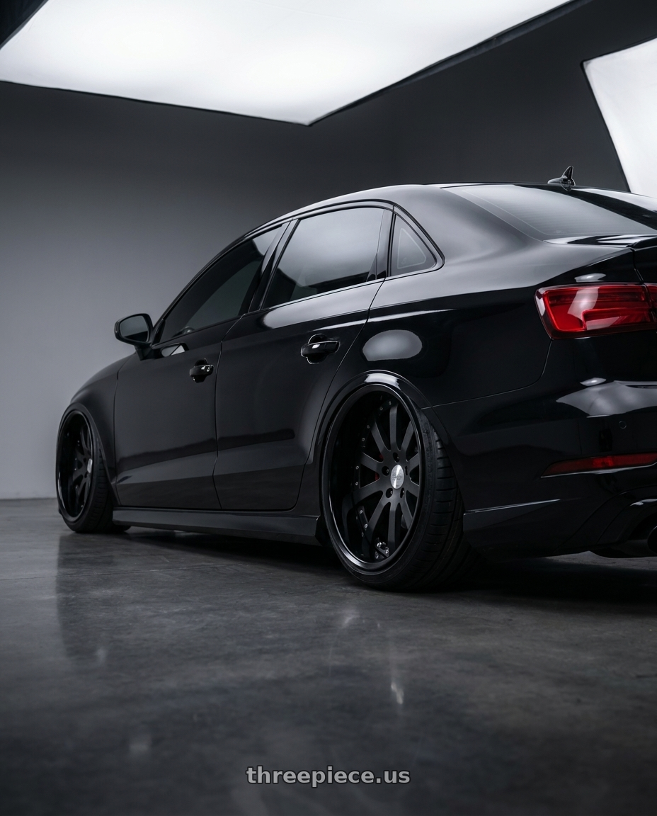 2017 Audi RS3 with Work Equip E10 5x112 20x11+29 r disk Black Anodized wheels rear three quarter view extreme stretch tires