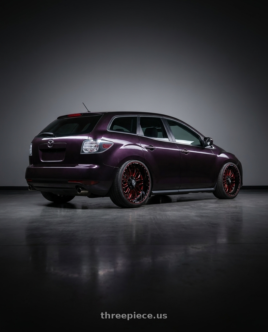 2010 Mazda cx7 with XFX Flow XFX-305 5x127/5x139.7 24x12 -44 Gloss Black & Milled With Red Inner wheels rear three quarter view slight stretch tires