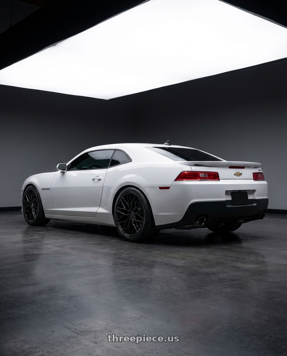 2014 Chevrolet Camaro 5th Gen with Avant Garde Wheels M520R 5X120 20x11 +45 Gloss Black wheels rear three quarter view square tires