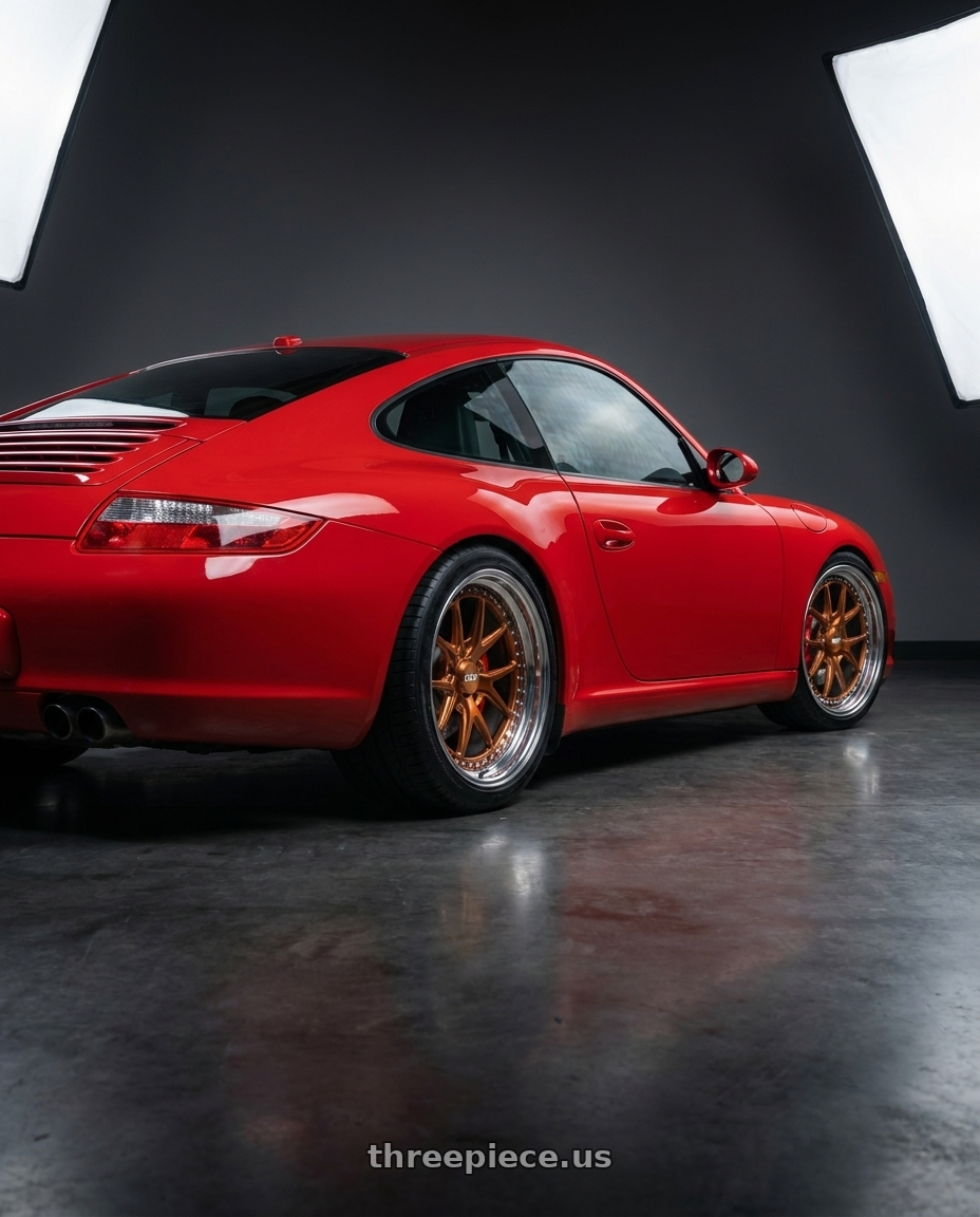 2009 porsche 911 with CCW CZ05 5x130 19x11.5 +60 Polished wheels rear three quarter view square tires