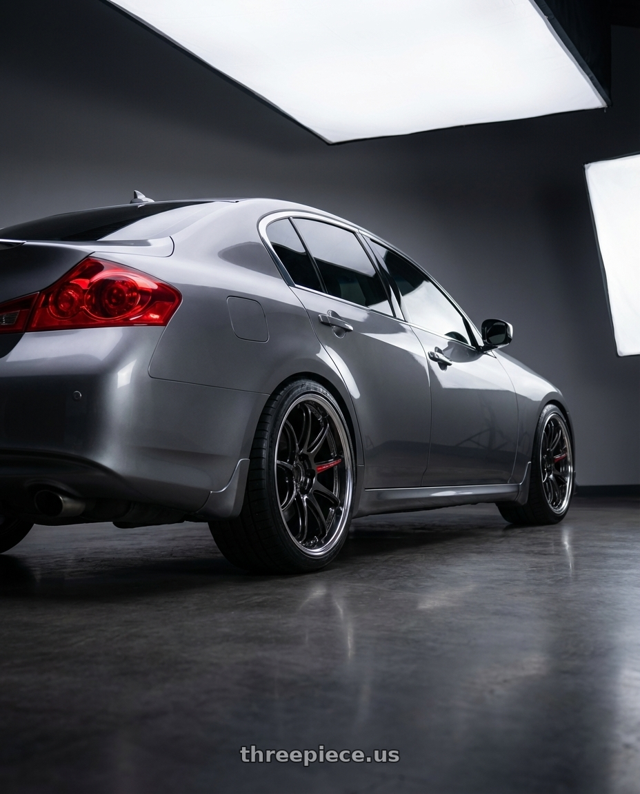 2012 infiniti g37 with Work Zr10 2P 5x114.3 18x10.0 +38 Glim Black wheels rear three quarter view square tires