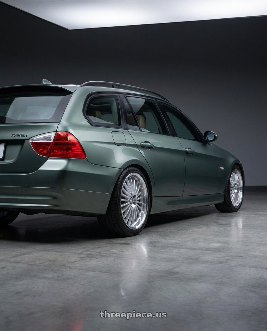 2008 BMW 328i, Tasman Green with Beyern MULTI 5X120 17X8 +30 SILVER W/ MIRROR CUT LIP wheels rear three quarter view square tires