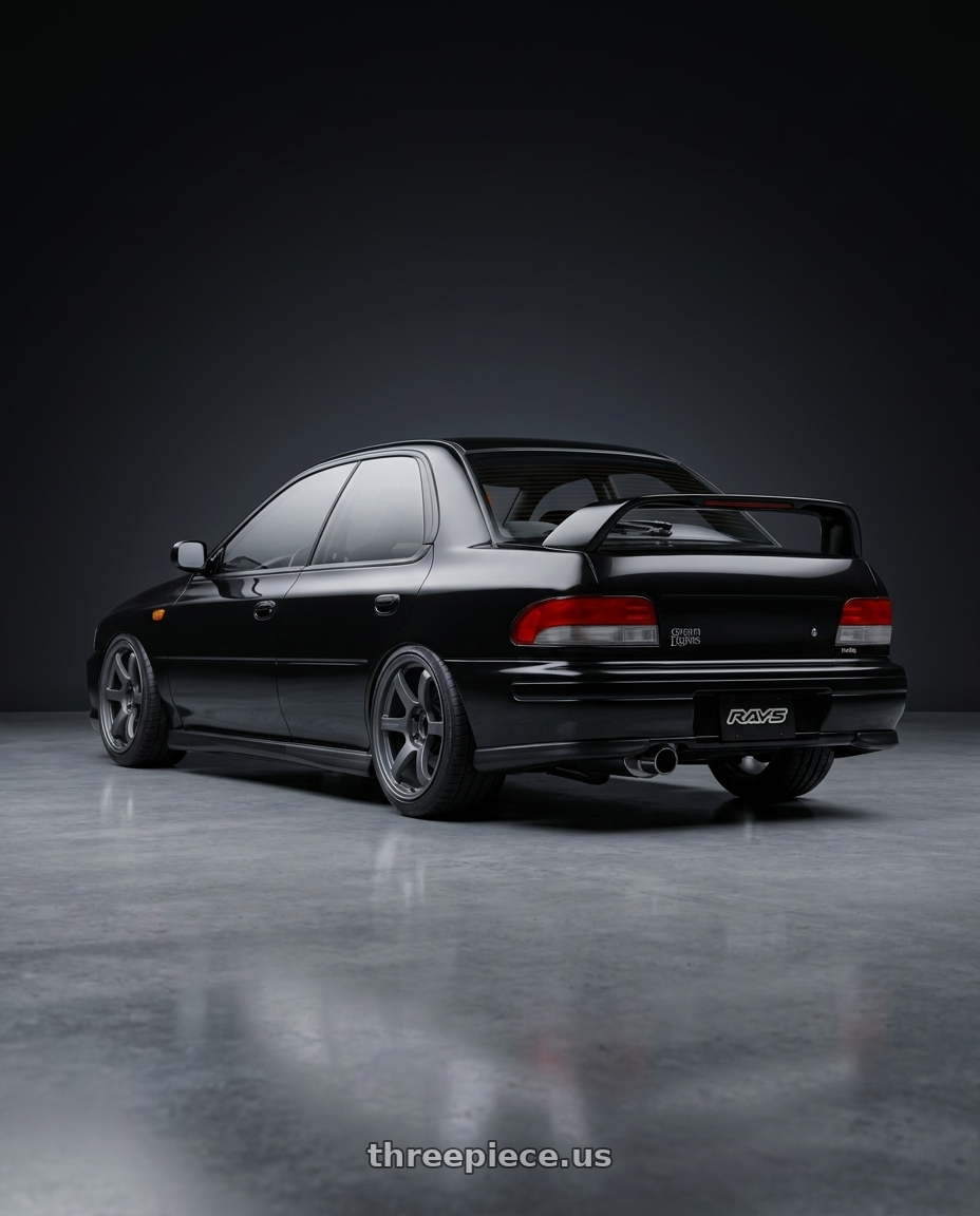 1998 Subaru Impreza GC8 with Gram Lights 57DR 5x100 18x8.5+37 Gunblue II wheels rear three quarter view slight stretch tires