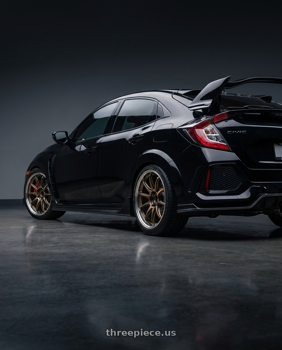Honda Civic Type-r 2018 with Work Emotion Zr10 5x120 18x9.5 +38 Titanium Diamond Lip Cut wheels rear three quarter view square tires