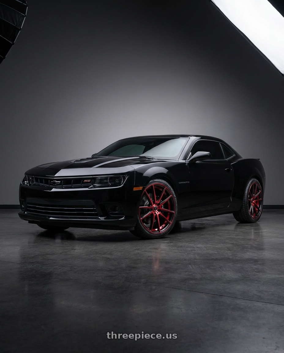 2015 Chevrolet Camaro SS Coupe with MARQUEE WHEELS M3197 5x120 22x9+35 BLACK -  GLOSSY FAC  INNER RED wheels