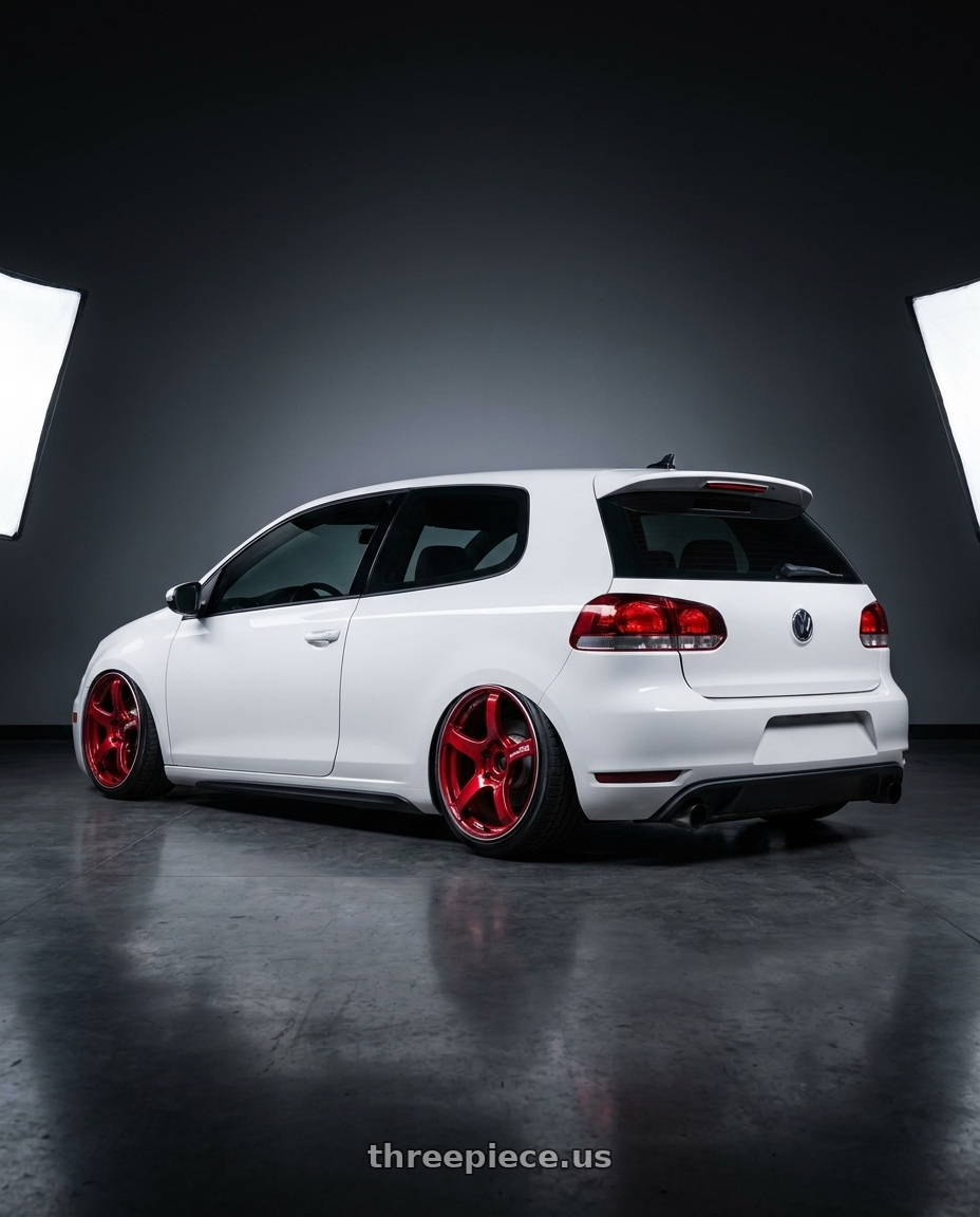 2012 VW GTI with Advan Racing TC4 5x120 18x9.5 +45 RACING CANDY RED & RING wheels rear three quarter view extreme stretch tires