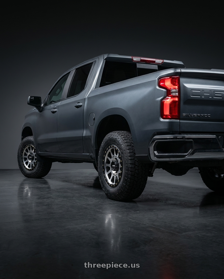 2021 Chevrolet Silverado 1500 LT with Method Race Wheels 305MB NV 6x139.7 17x8.5 +0 MACHINED - MATTE BLACK LIP wheels rear three quarter view square tires