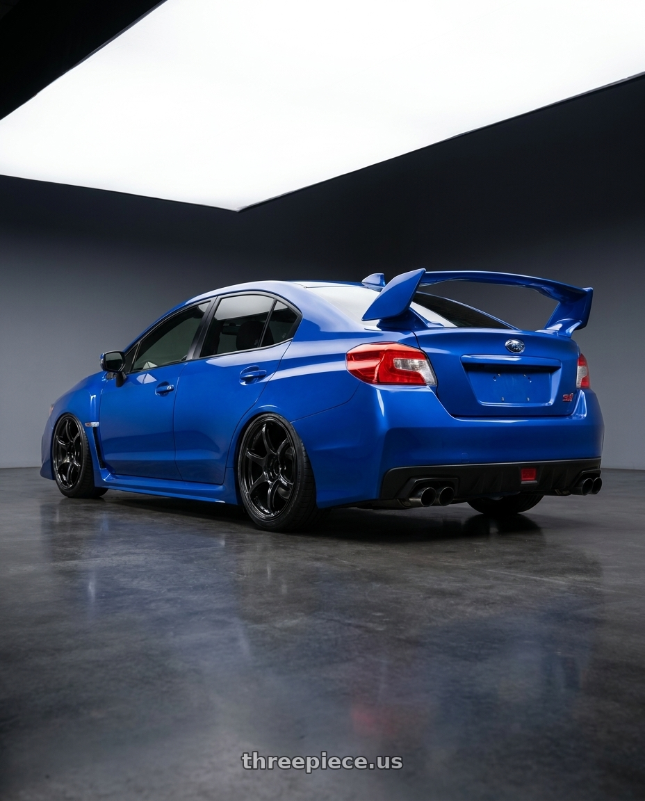 2013 Subaru WRX STI with Advan RGIII 5x114.3 18x8.0+37 Gloss Black wheels rear three quarter view slight stretch tires