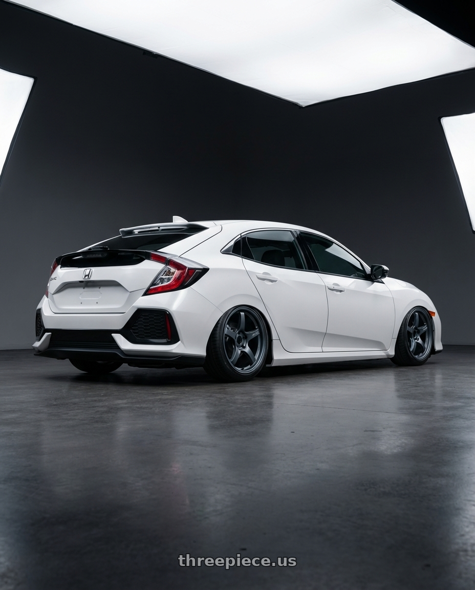 2019 Honda Civic with Gram Lights 57CR 5x114.3 19x10.5+35 Gunblue II wheels rear three quarter view slight stretch tires