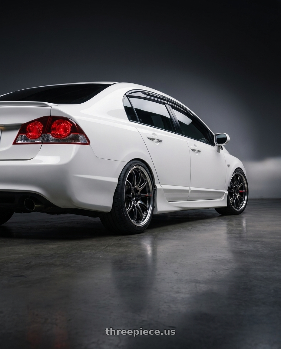 2006 Honda civic with Work Emotion Zr10 5x100 18x8.5 +32 Glim Black Diamond Rim cut wheels rear three quarter view square tires