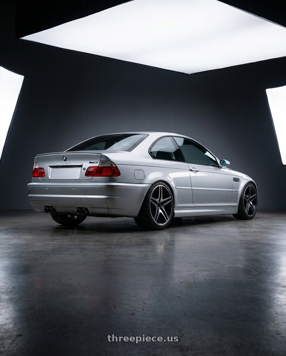2003 BMW M3 with REPLICA WHEELS R5055 5x112 20x9.5+35 BLACK / MACHINED wheels rear three quarter view square tires