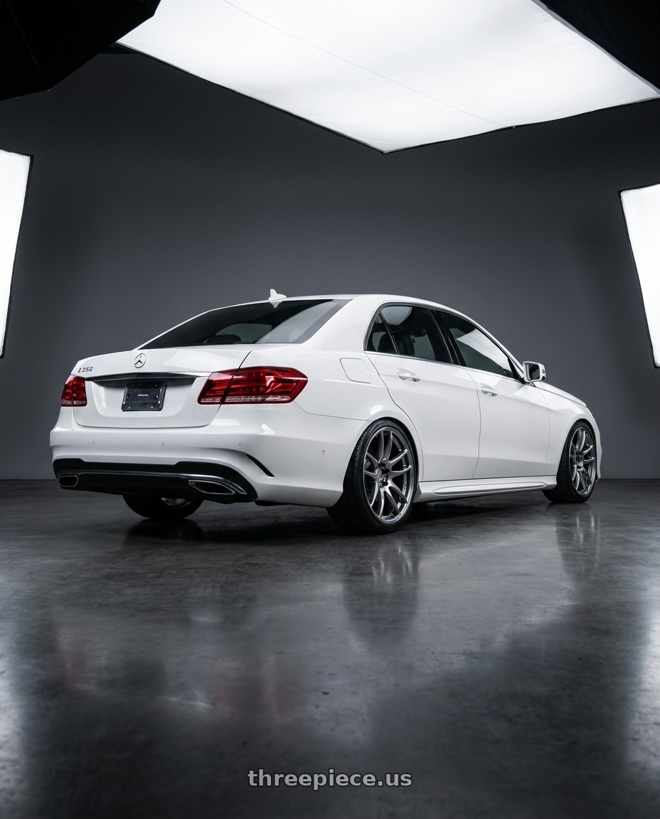 2016 Mercedes Benz e350  with Work Emotion Cr Kiwami 5x112 19x9.5 +38 Gt Silver wheels rear three quarter view slight stretch tires