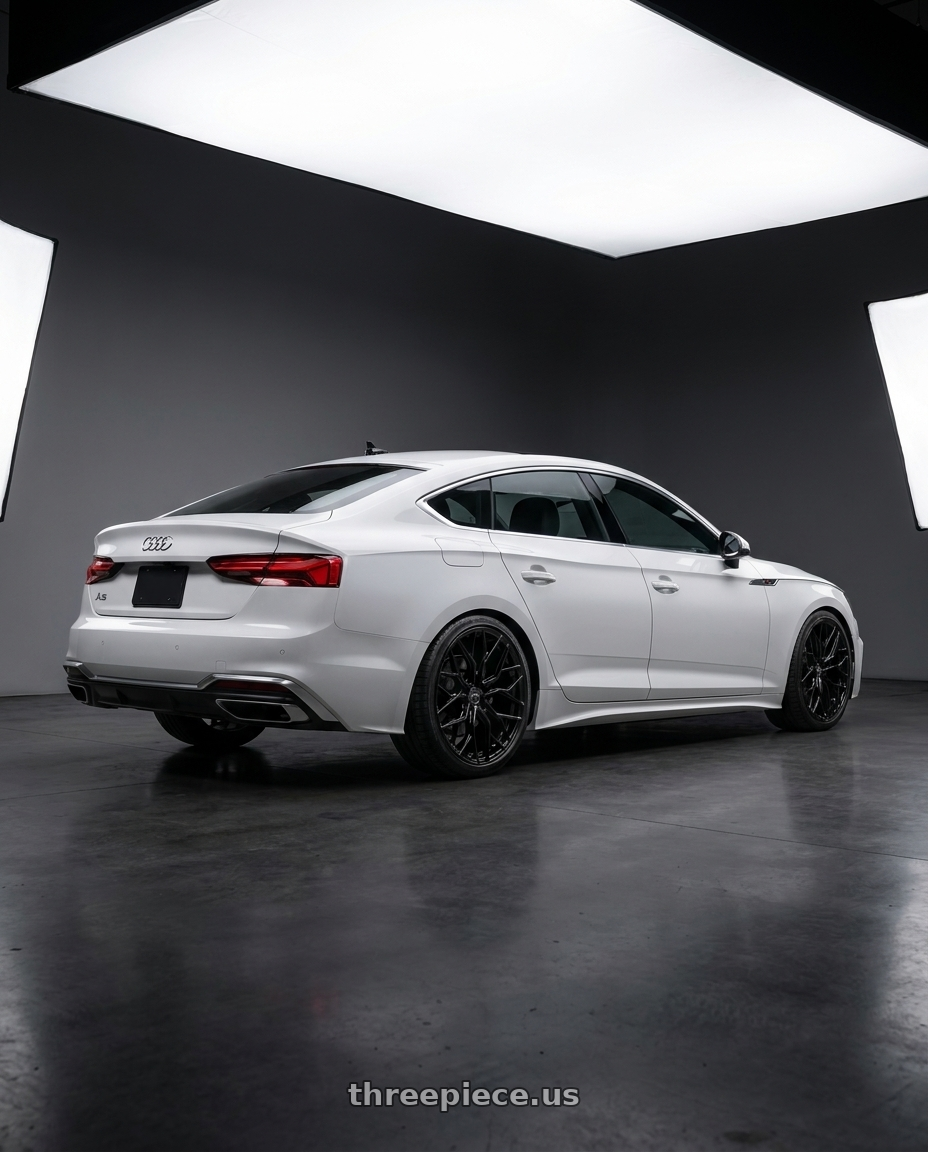2023 Audi a5 s line with F1R FS3 5x112 19x8.5 +35 Gloss Black wheels rear three quarter view square tires
