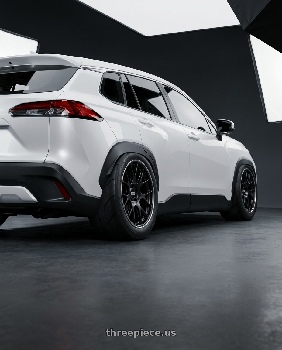 Toyota cross 2022 with BBS CH-R 5x130 19x12 +45 Satin Black Polished Rim Protector wheels rear three quarter view excessive tires