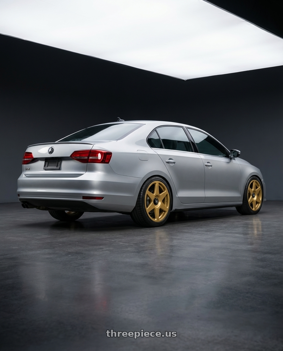 2016 Volkswagen Jetta GLI MK6 with fifteen52 TARMAC EVO 5x112 / 5x120 18x8.5 +35 GOLD (GLOSS GOLD) wheels rear three quarter view square tires