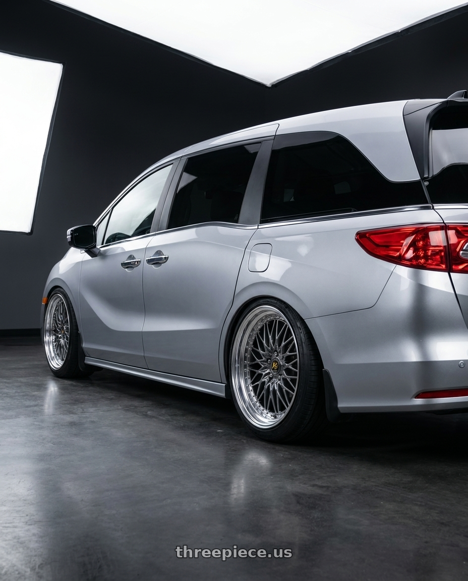 2024 Honda Odyssey with Work Vs-Xv 5x120 20x8+46 O Disk Brilliant Silver Black wheels rear three quarter view slight stretch tires