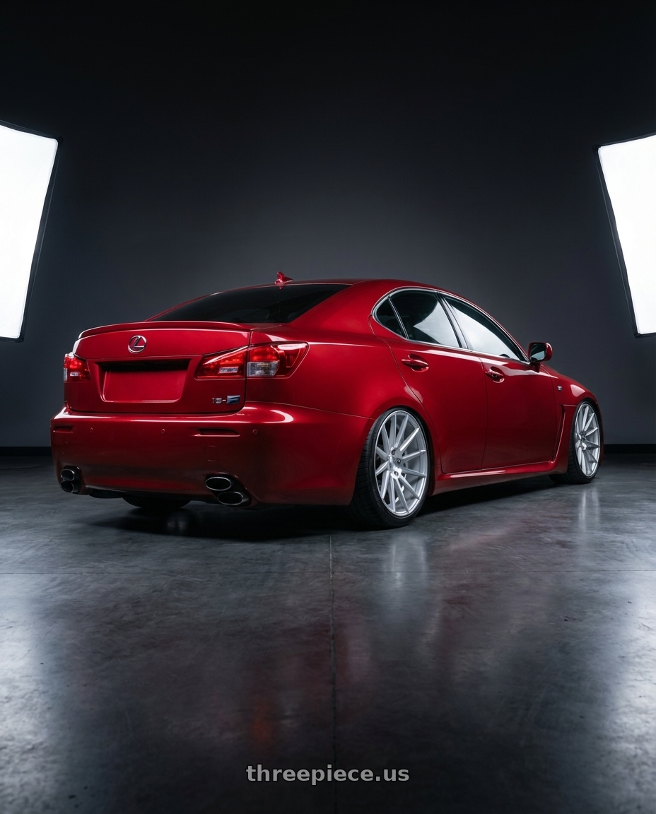 2012 Lexus IS-F with Niche 1PC M112 SURGE 5X114.3 19X8.5 +35 GLOSS SILVER MACHINED wheels rear three quarter view slight stretch tires