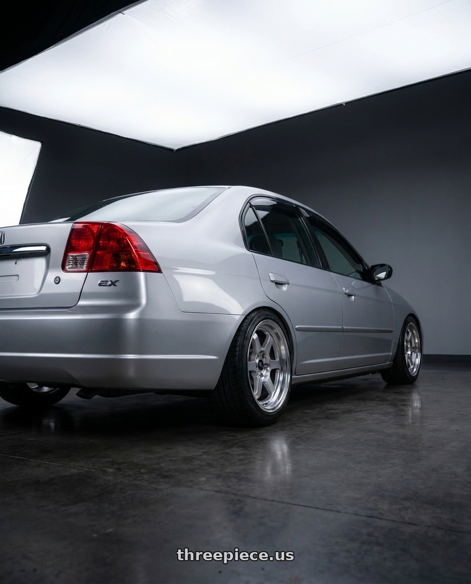 2002 Honda civic ex with Vors TR4 5x100 17x8  +35 Silver Machine Face wheels rear three quarter view slight stretch tires