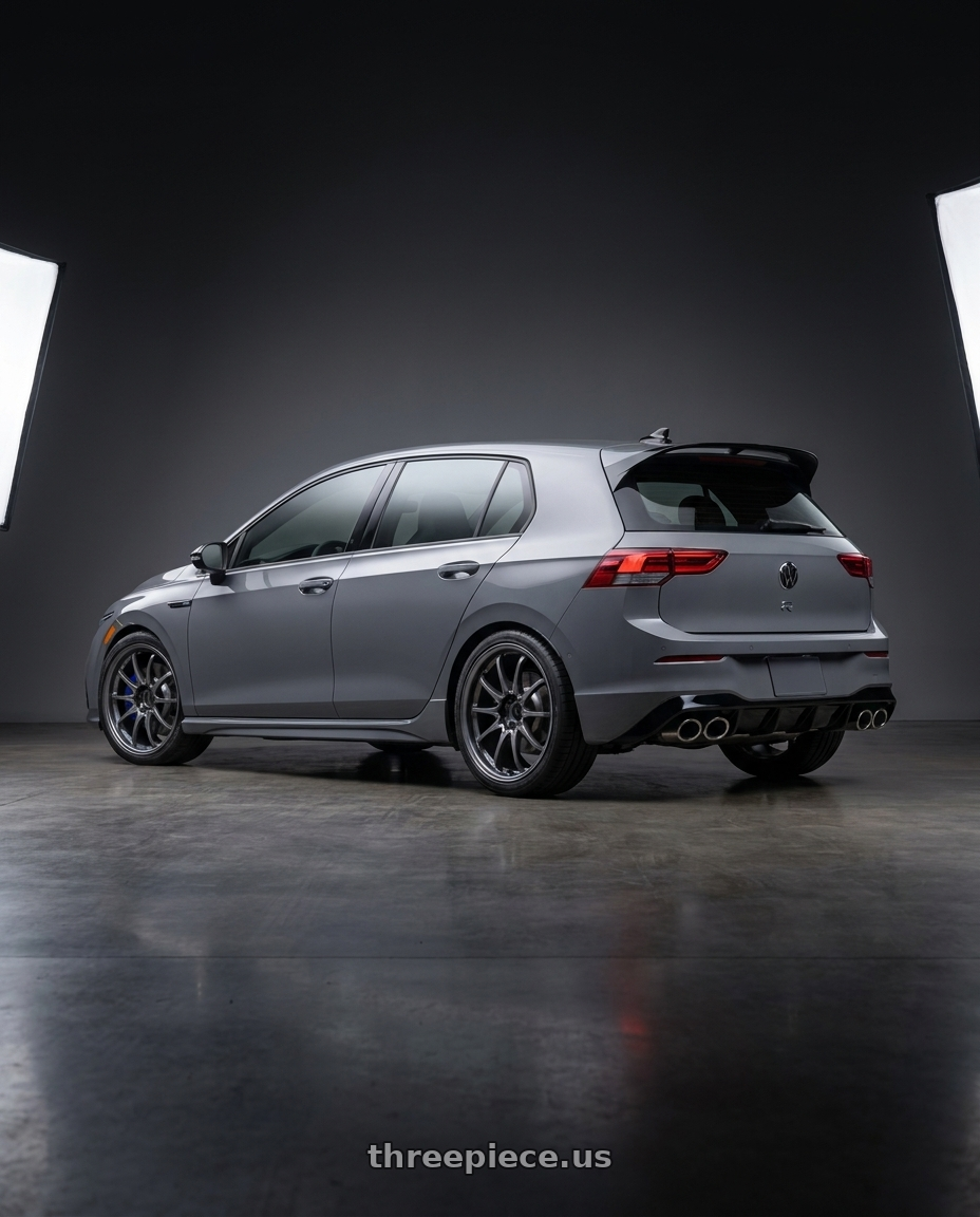 2026 Volkswagen Golf R Graphite with Volk Racing CE28N-PLUS M-SPEC 5x112 18x8.5+45 Blast Gunmetal wheels rear three quarter view square tires