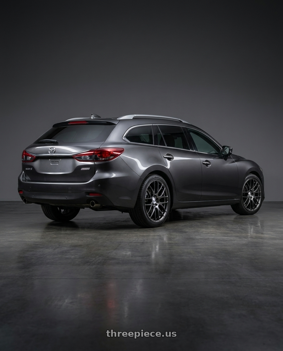 2019 Mazda 6 wagon with Work Emotion m8r 5x114.3 19x8.5 +45 Glim Black wheels rear three quarter view square tires