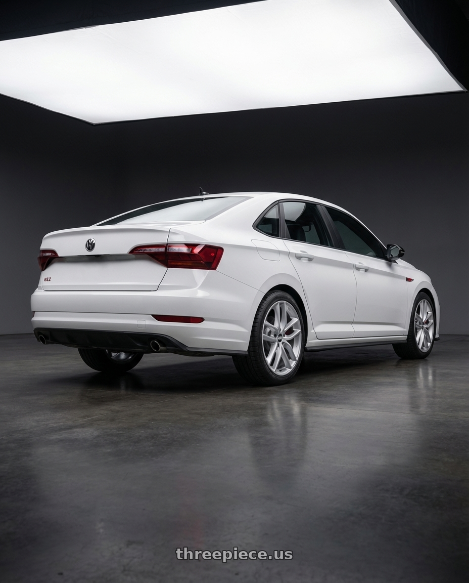 2022 Volkswagen Jetta Gli white with BBS SX 5x112 18x8.0+44 Sport Silver wheels rear three quarter view square tires