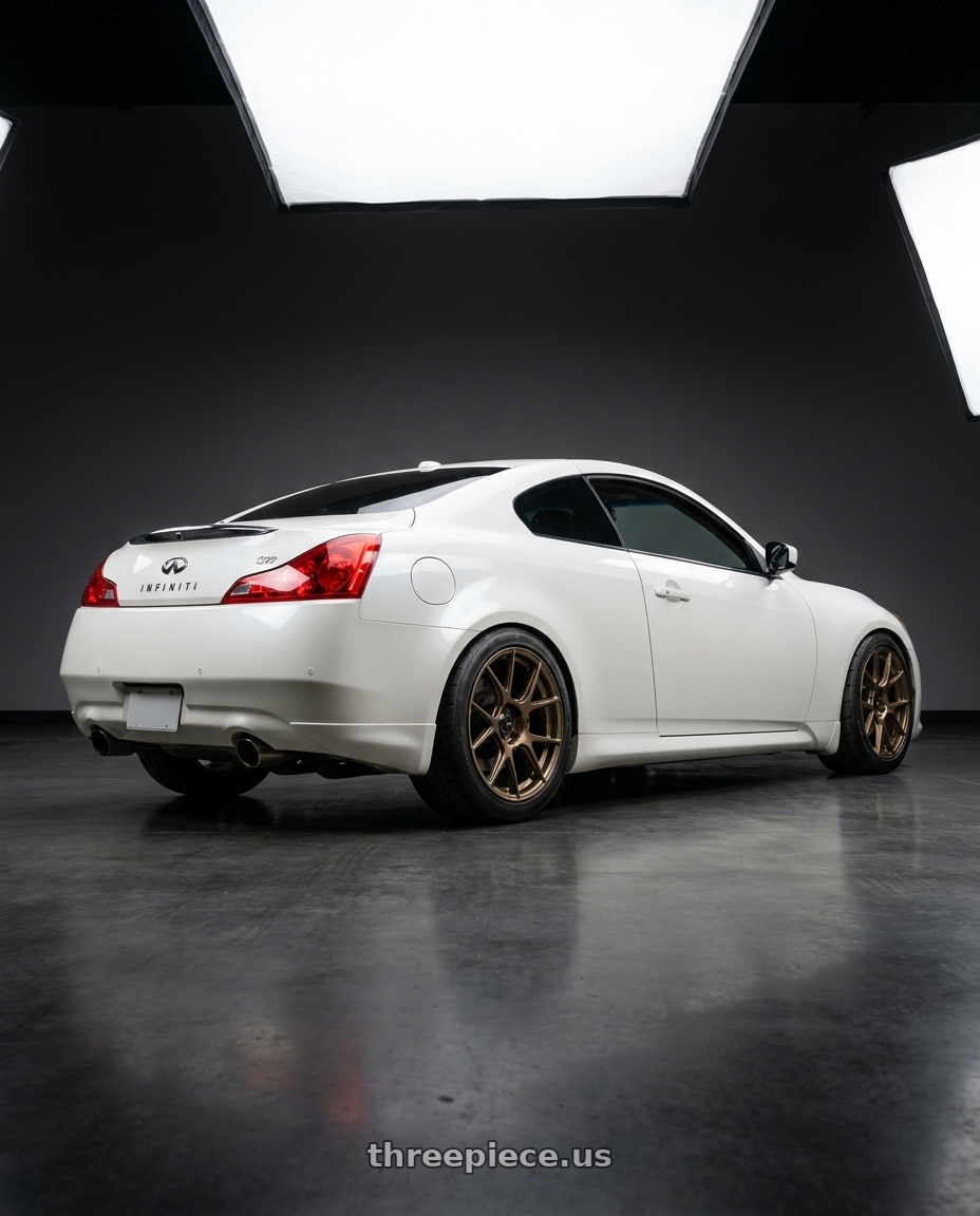 2012 infinity g37 with Konig Ampliform 5x114.3 19x9.5+25 Gloss Bronze wheels rear three quarter view meaty tires