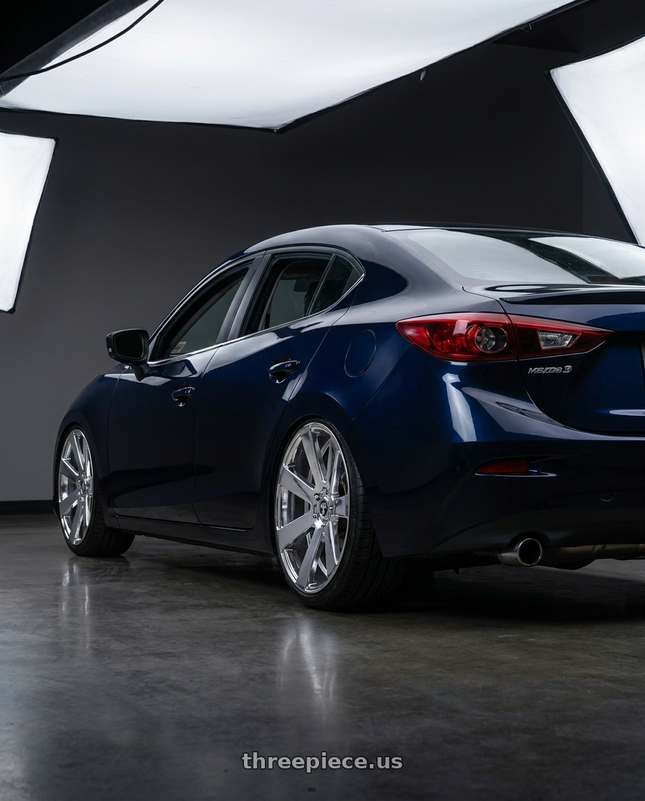 2017 mazda 3 sedan with DUB 1PC S131 8-BALL 6X139.7 22X9.5 +30 CHROME PLATED wheels rear three quarter view slight stretch tires