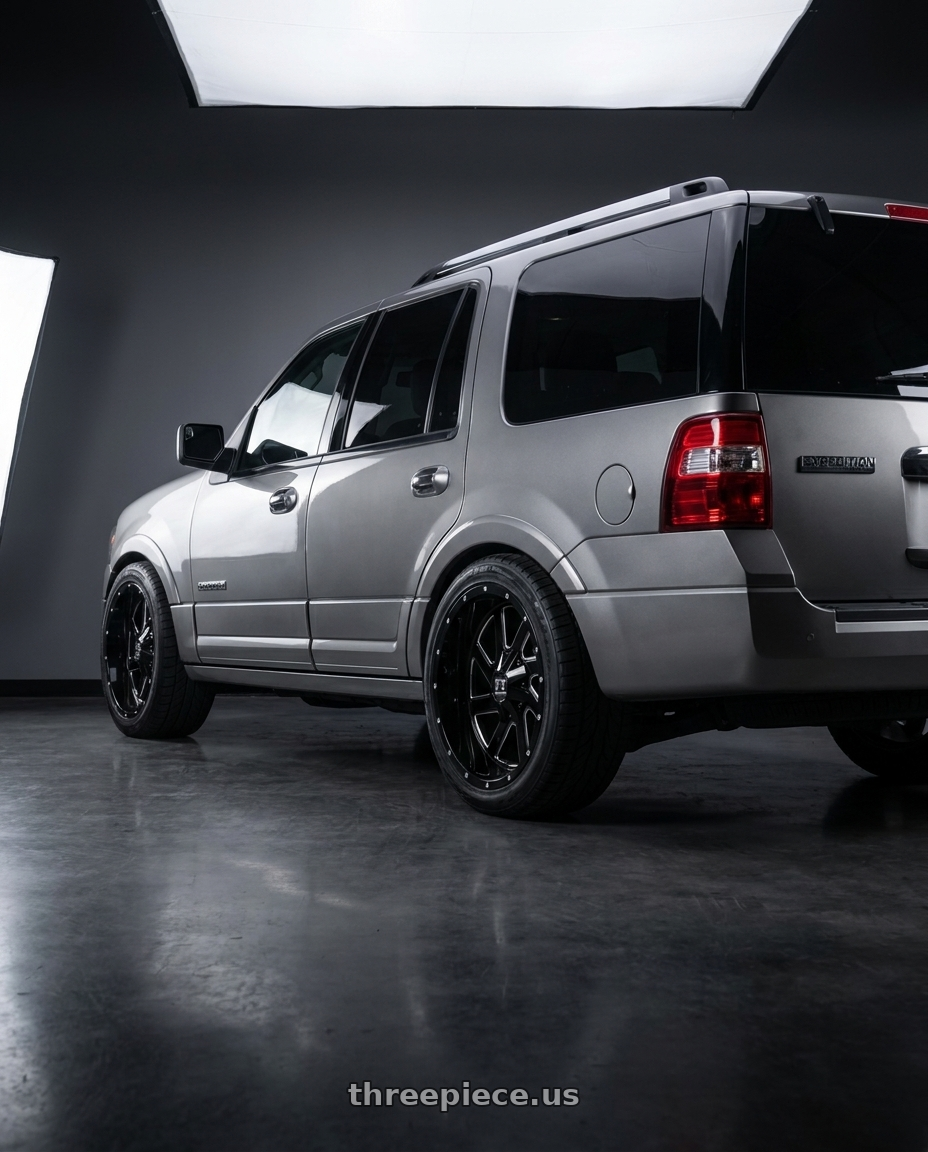 2008 Ford Expedition with FULL THROTTLE FT1 6x135/6x139.7 20x10+0 BLACK / MILLED wheels rear three quarter view square tires