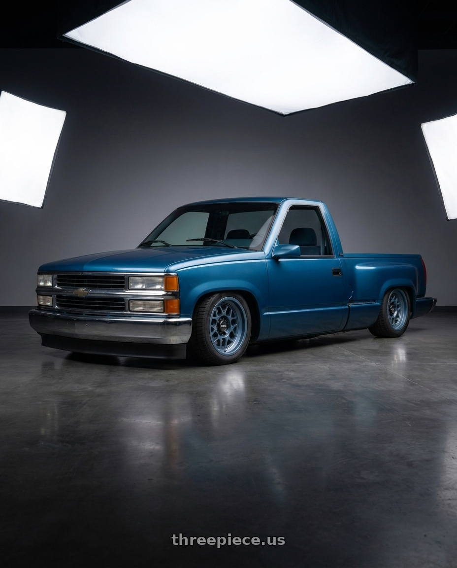 1990 Chevy Silverado blue with KMC KM725 TERRA 5X127 18X8.5 +0 METALLIC BLUE wheels