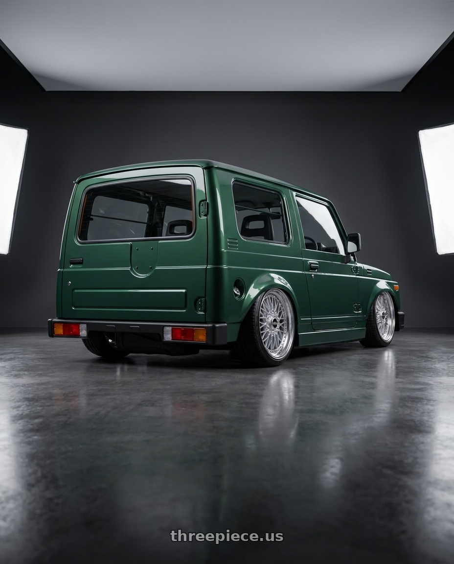 1995 Suzuki jimny with BBS Super 5x112 19x8.5 +43 Diamond Silver wheels rear three quarter view slight stretch tires