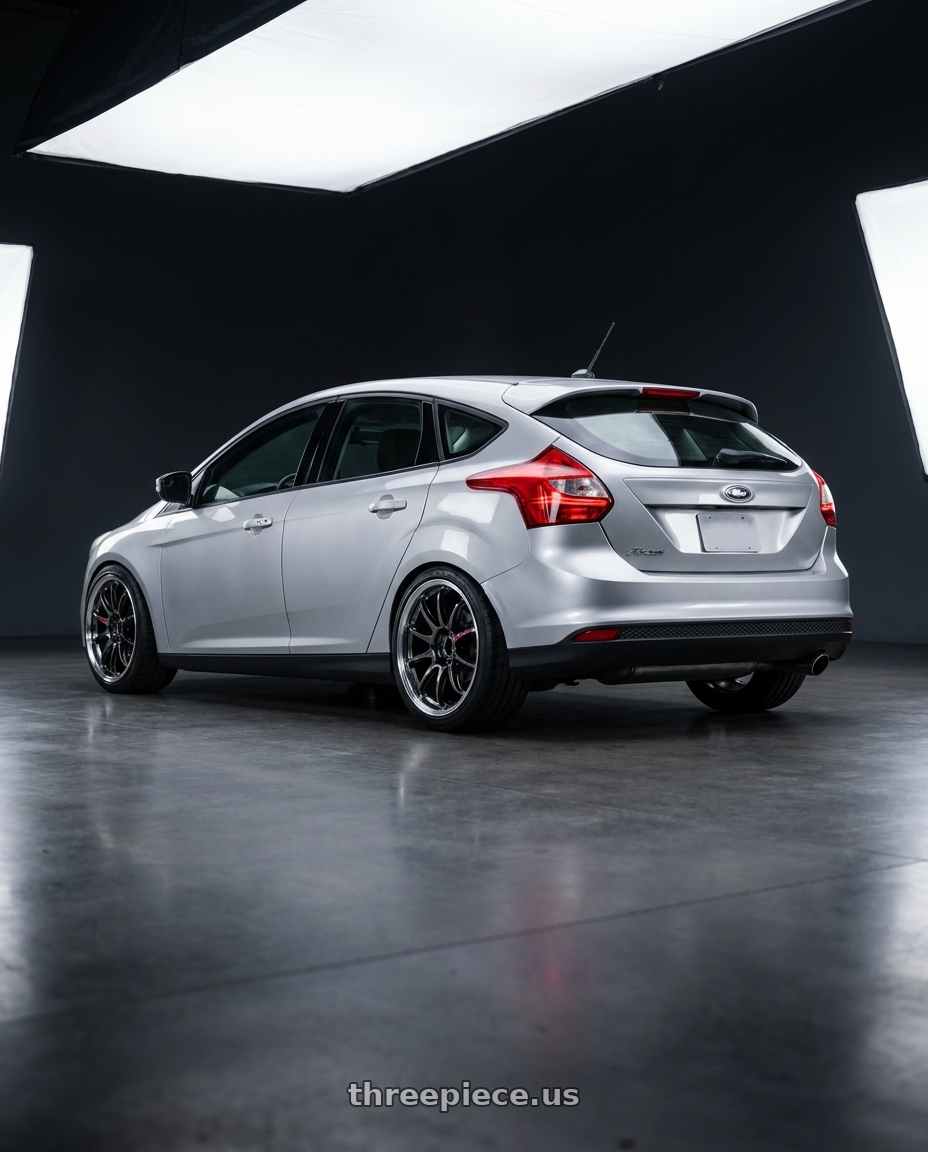 2014 ford focus mk3 1.6 silver  with Work Emotion Zr10 5x108 18x8.5 +38 Glim Black Diamond Rim cut wheels rear three quarter view slight stretch tires