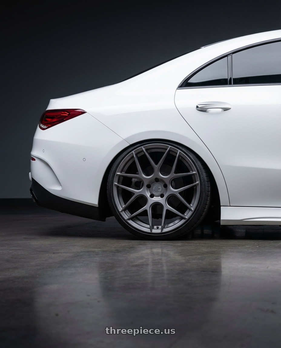 2023 Mercedes-Benz CLA C118 with Aodhan AFF2 5x112 19x9.5+35 Matte Gray wheels rear three quarter view slight stretch tires