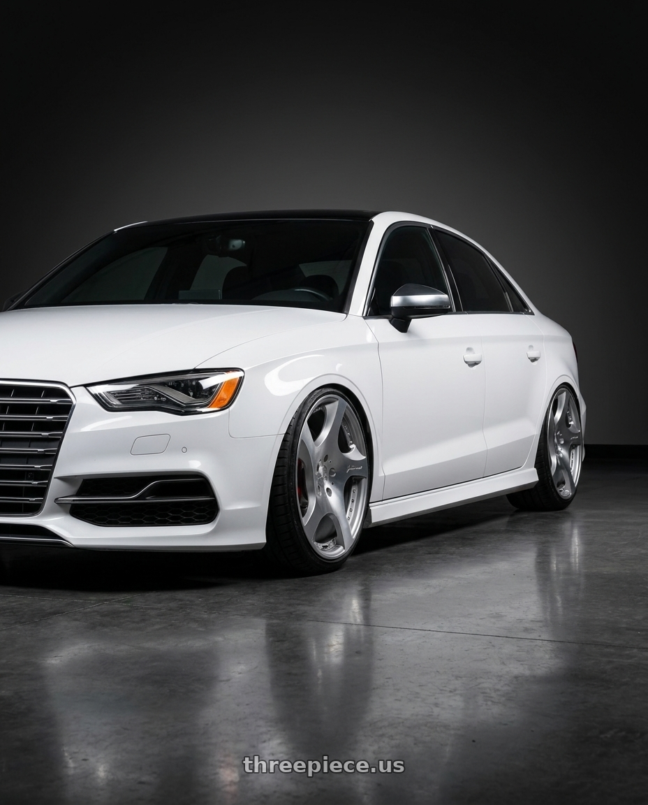 2015 Audi S3 with MRR VP3 5x112 20x10.5  +40 Silver Machine Face wheels front three quarter view lowered stance