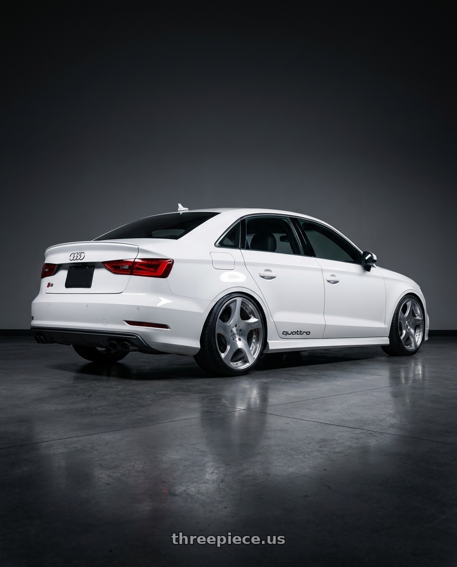 2015 Audi S3 with MRR VP3 5x112 20x10.5  +40 Silver Machine Face wheels rear three quarter view extreme stretch tires