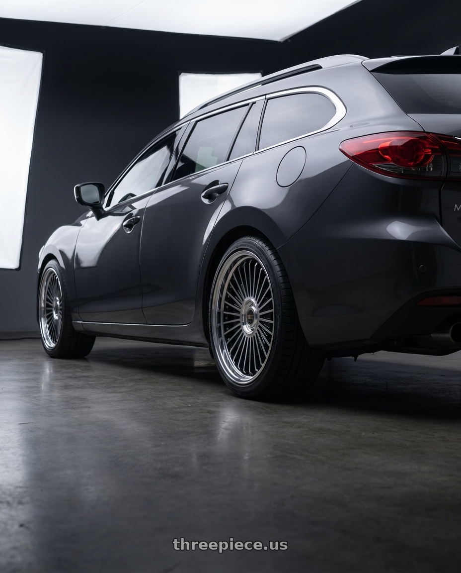 2019 Mazda 6 wagon with Work Emitz Black Polish 5x114.3 19x7.5 +45 wheels rear three quarter view square tires