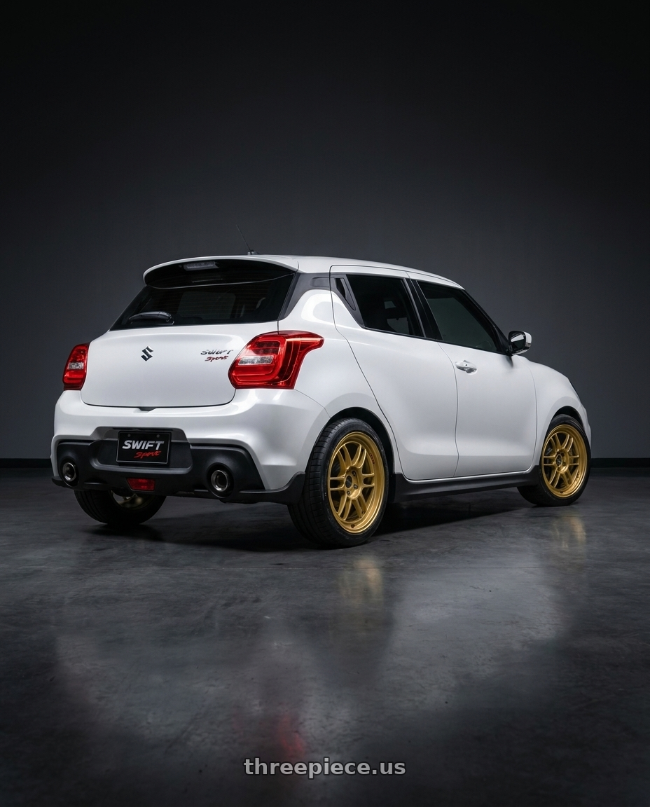 2019 Suzuki Swift sport 白色 with Enkei RPF1 5x114.3 17x8+45 Gold wheels rear three quarter view square tires