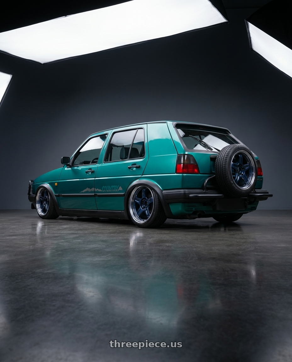 1992 Volkswagen Golf Country  with Volk Racing 21C 5x114.3 18x10.5 +15 MAG BLUE / RIM DC wheels rear three quarter view slight stretch tires